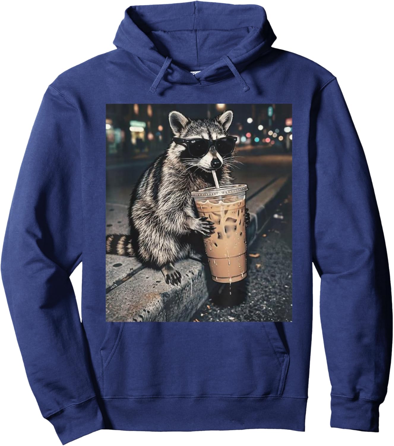 Funny Raccoon Drinking Iced Coffee Meme Hoodie - Hoodie | Navy