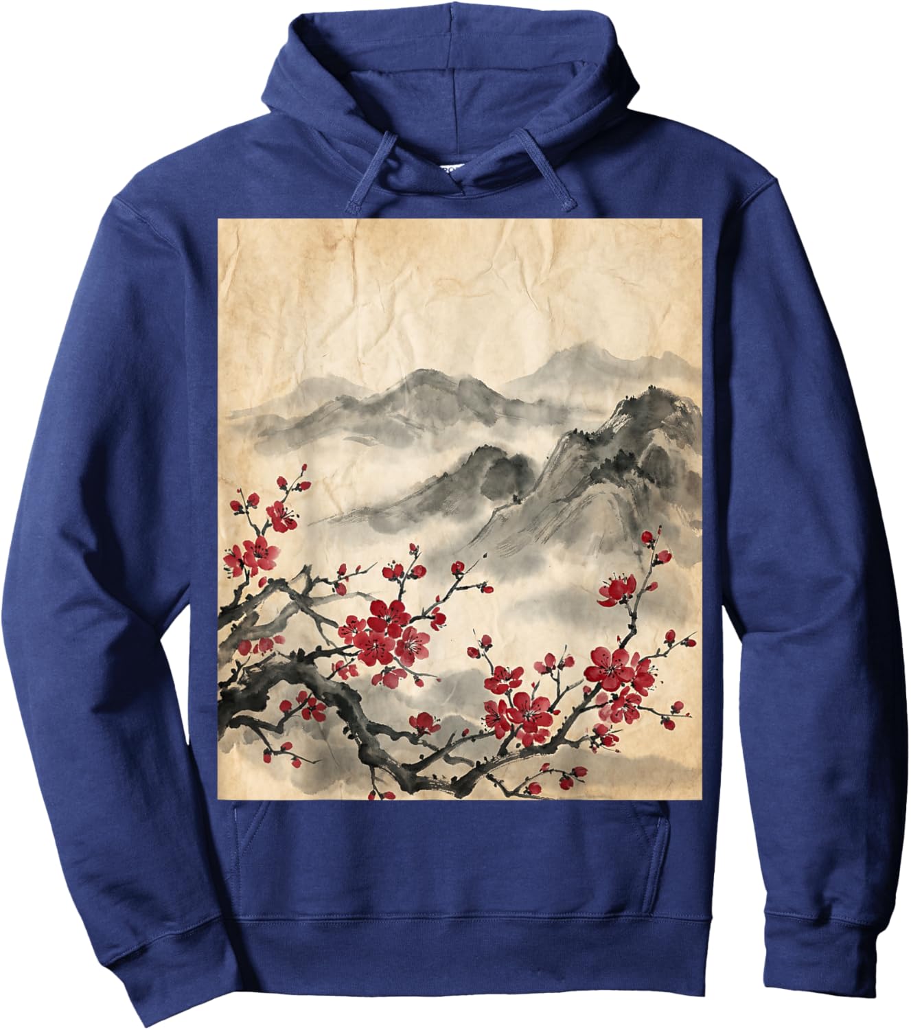 Japanese Art Red Cherry Blossom Mountains Hoodie - Hoodie | Navy