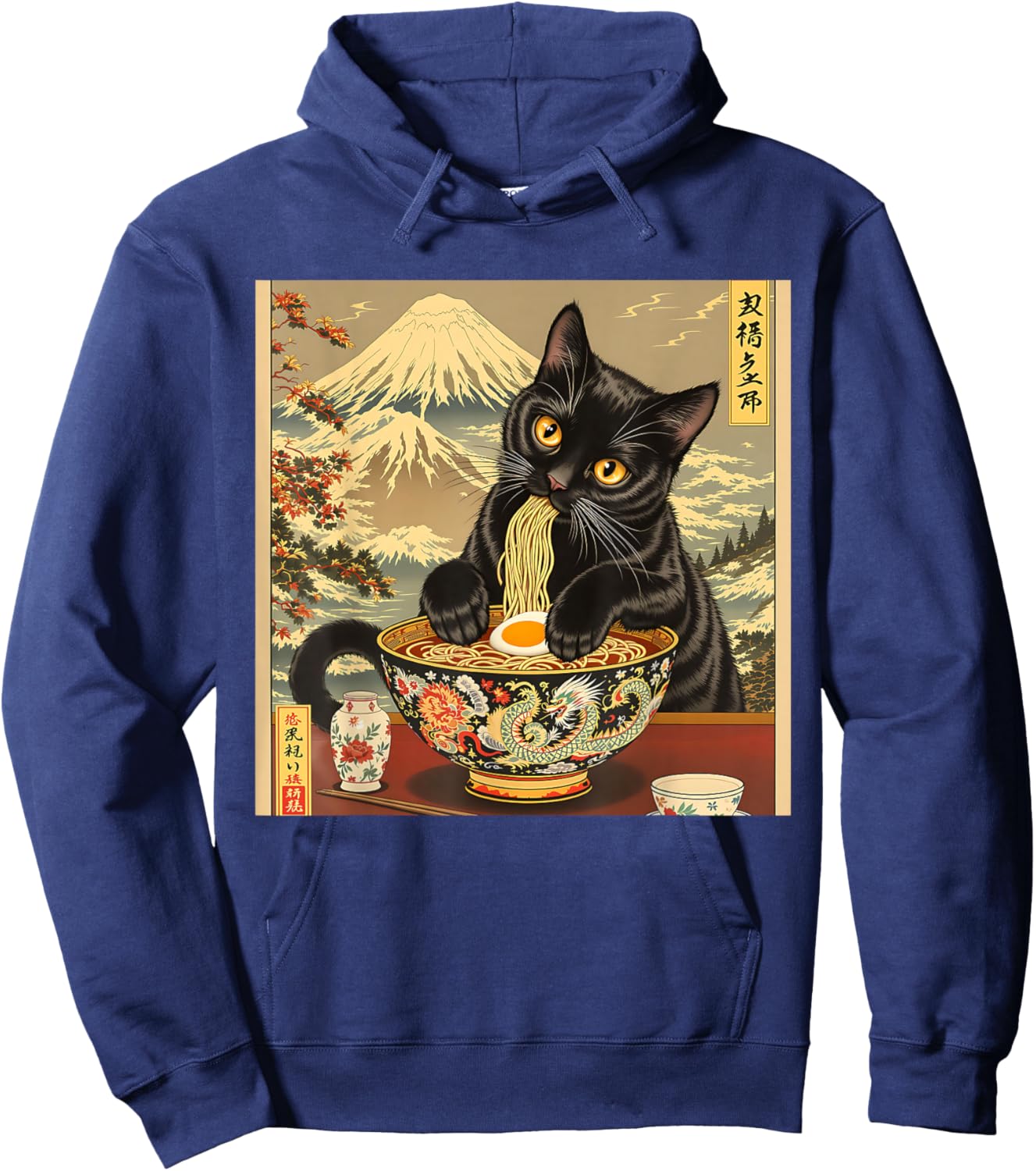 Funny Japanese Black Cat Eating Ramen Noodles Hoodie - Hoodie | Navy