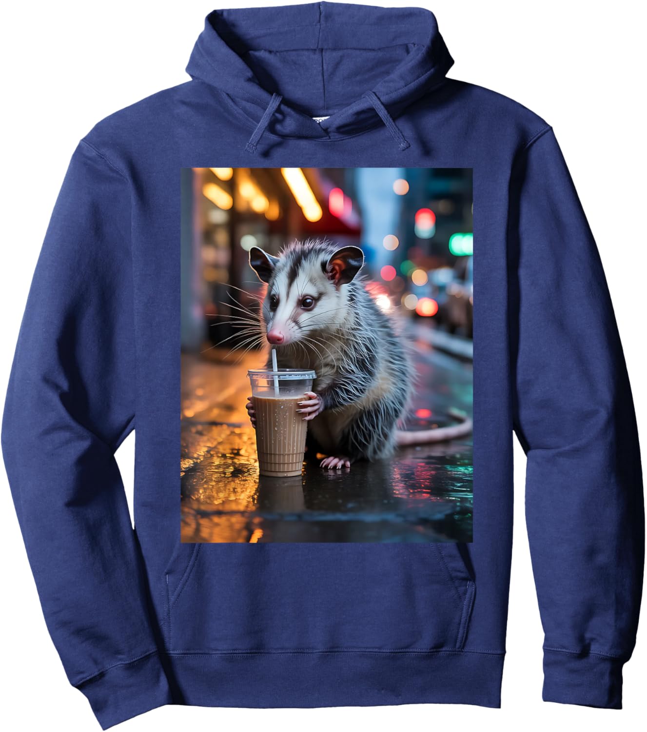 Night Shift Opossum with Iced Coffee Urban Mood Hoodie - Hoodie | Navy