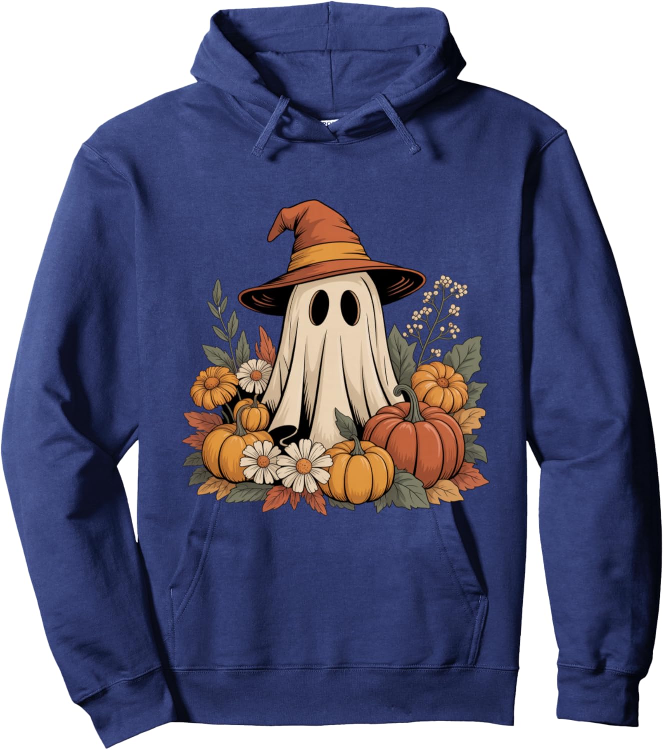 Cute Ghost with Pumpkins and Flowers Halloween Hoodie - Hoodie | Navy