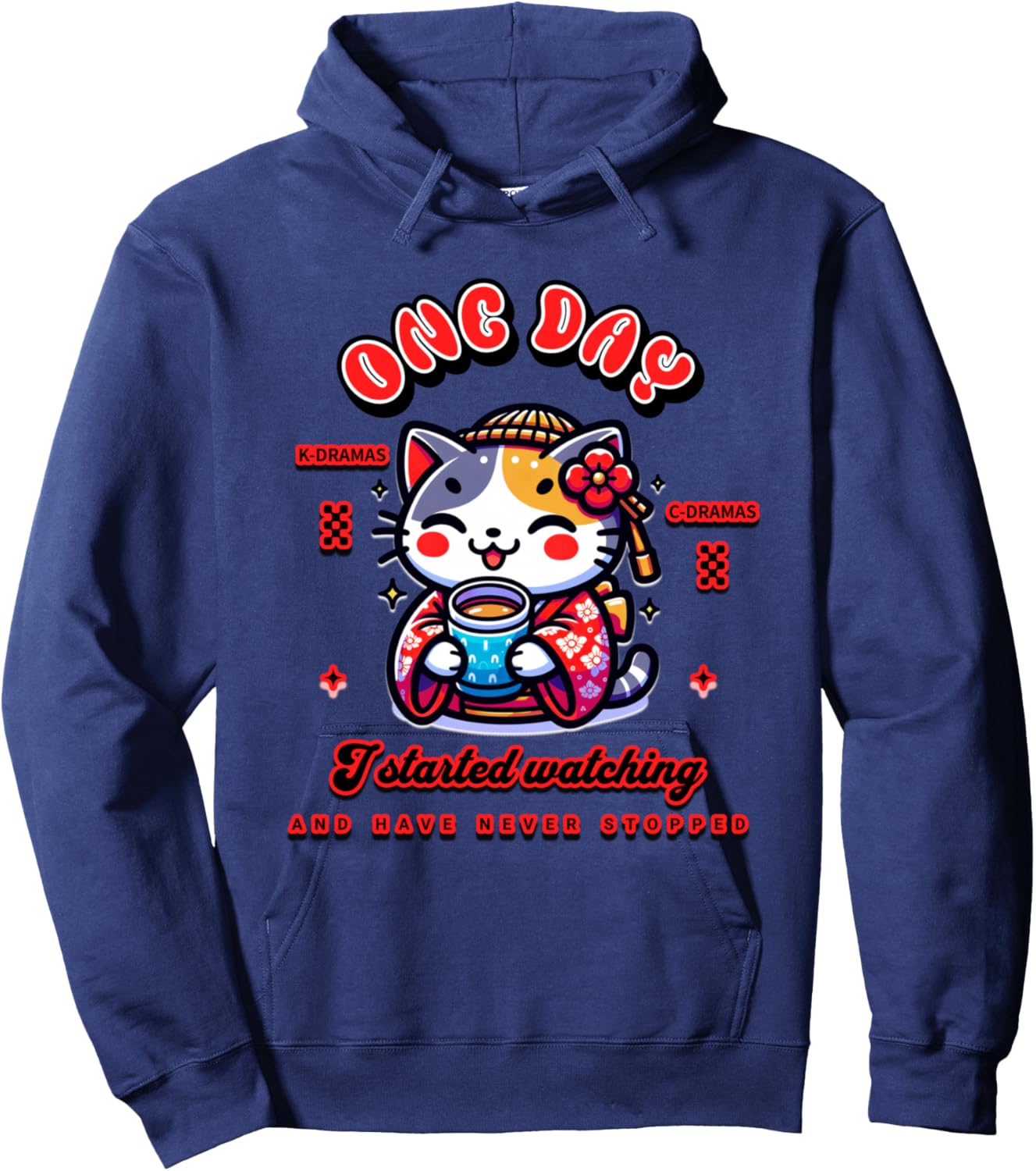 Cute Cat Watching K-Dramas and C-Dramas Hoodie - Hoodie | Navy
