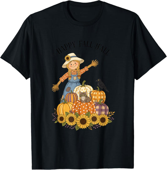 Happy Fall Y'all Scarecrow Pumpkin Sunflowers Autumn Thanksg T-Shirt - T-Shirt | Black