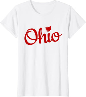 Ohio Shirt OH Red Script Love Home Pride Map Distressed