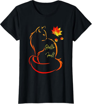 Hello Fall Cat Shirt Cat Autumn Leaves Kitten Lover