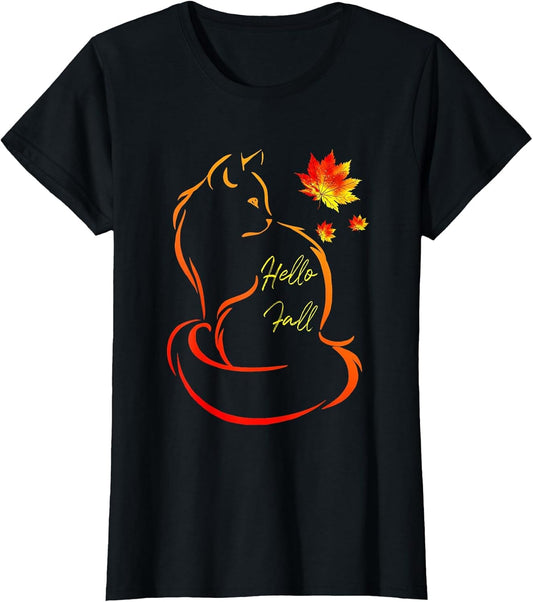 Hello Fall Cat Shirt Cat Autumn Leaves Kitten Lover