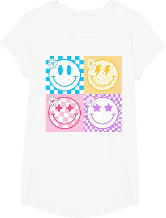 Retro Happy Smile Face Checkered Pattern Vibes Trendy Girls