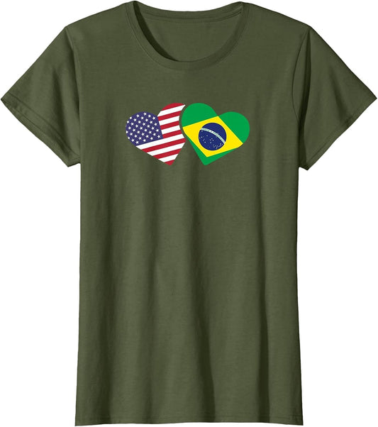 Brazil USA Flag T Shirt Heart Brazilian Americans Love Cute