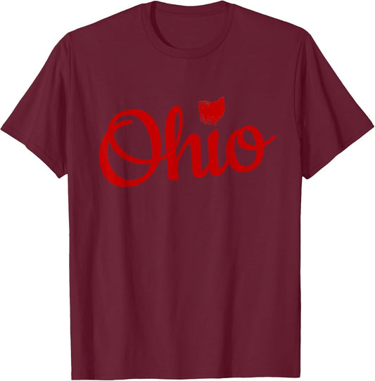 Ohio Shirt OH Red Script Love Home Pride Map Distressed