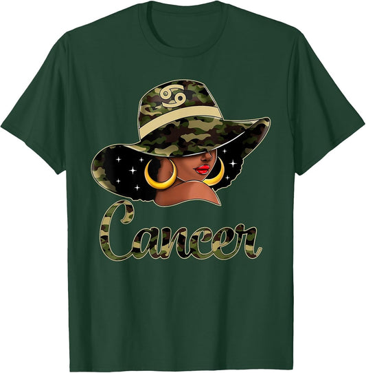 Cancer Queen Black Woman with Hat Camo Afro Woman Zodiac