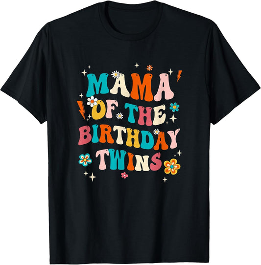 Mama of The Birthday Twins Boys Girls Party Retro Bday