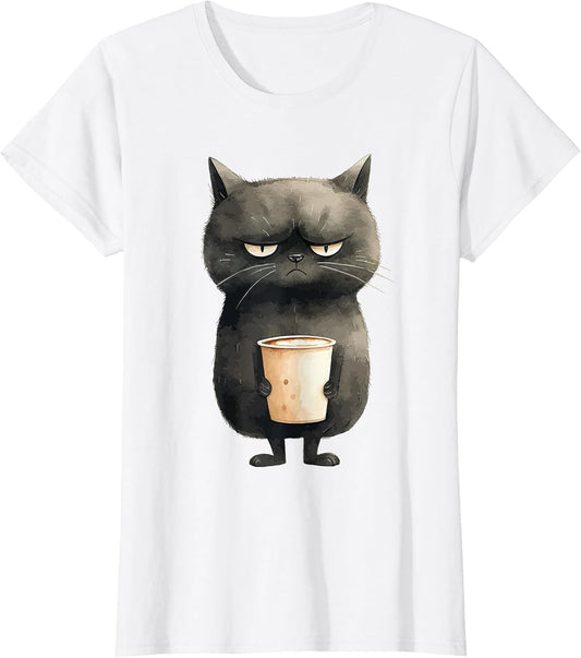 Grumpy Black Cat with Latte Coffee