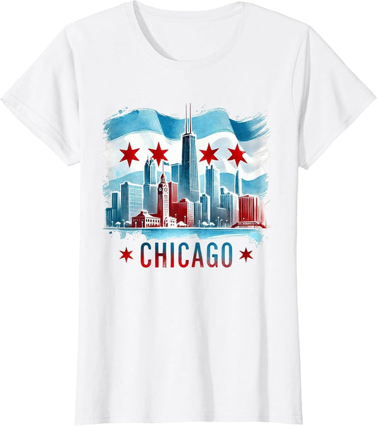 Chicago Skyline Flag Shirt Cityscape Illinois Men Women