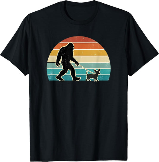 Funny Bigfoot Walking Chiweenie Retro Sunset Dog