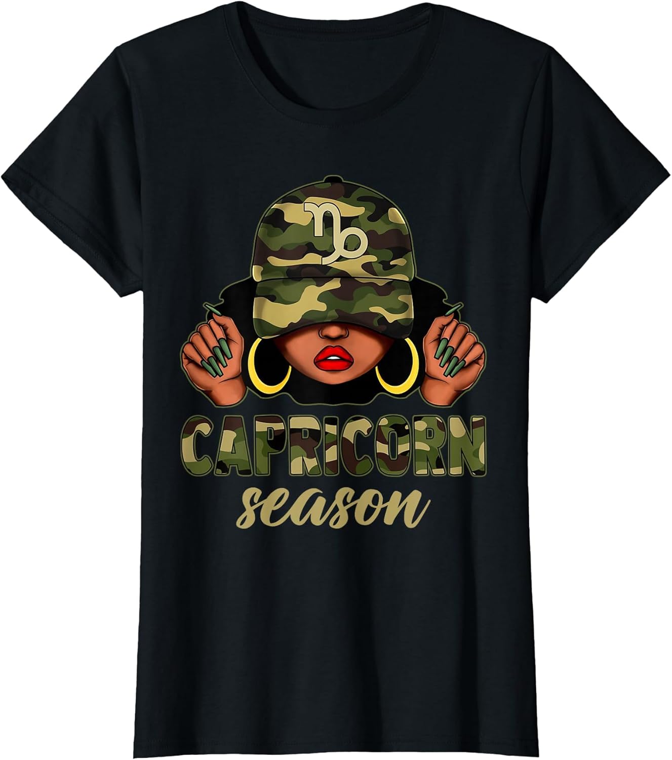 Capricorn Season Black Woman Camo Hat Afro Girl Zodiac