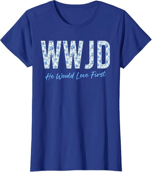 WWJD Christian Faith Believer Blue Floral Graphic