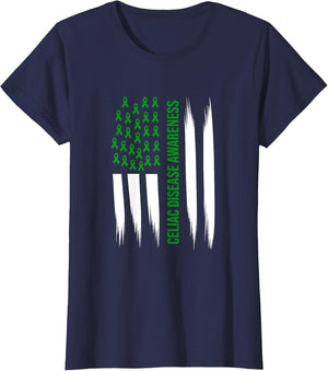 Celiac Disease Awareness Green Ribbon American Flag