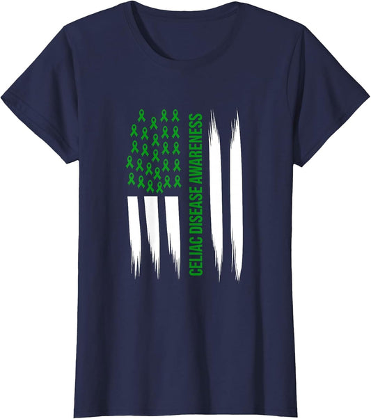 Celiac Disease Awareness Green Ribbon American Flag