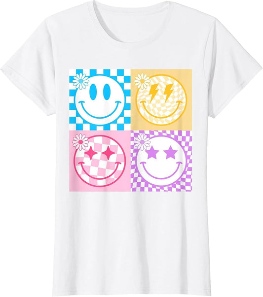 Retro Happy Smile Face Checkered Pattern Vibes Trendy Girls