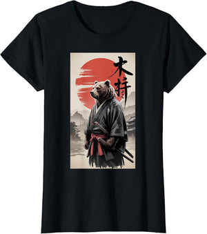 Samurai Grizzly Bear with Red Sun Japanese Ink Art Style