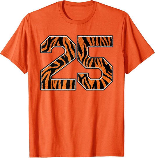 Number 25 in Orange Tiger Print Fanwear Sports Jersey Player