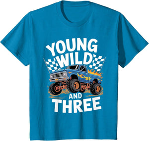 Kids 3rd Birthday Monster Truck Young Wild and Three 3 Year Old