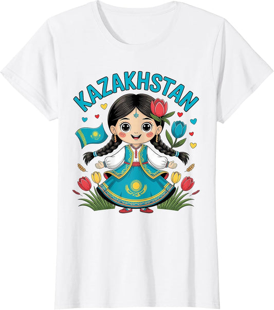 Cute Kazakh Girl in Traditional Blue Dress for Kids