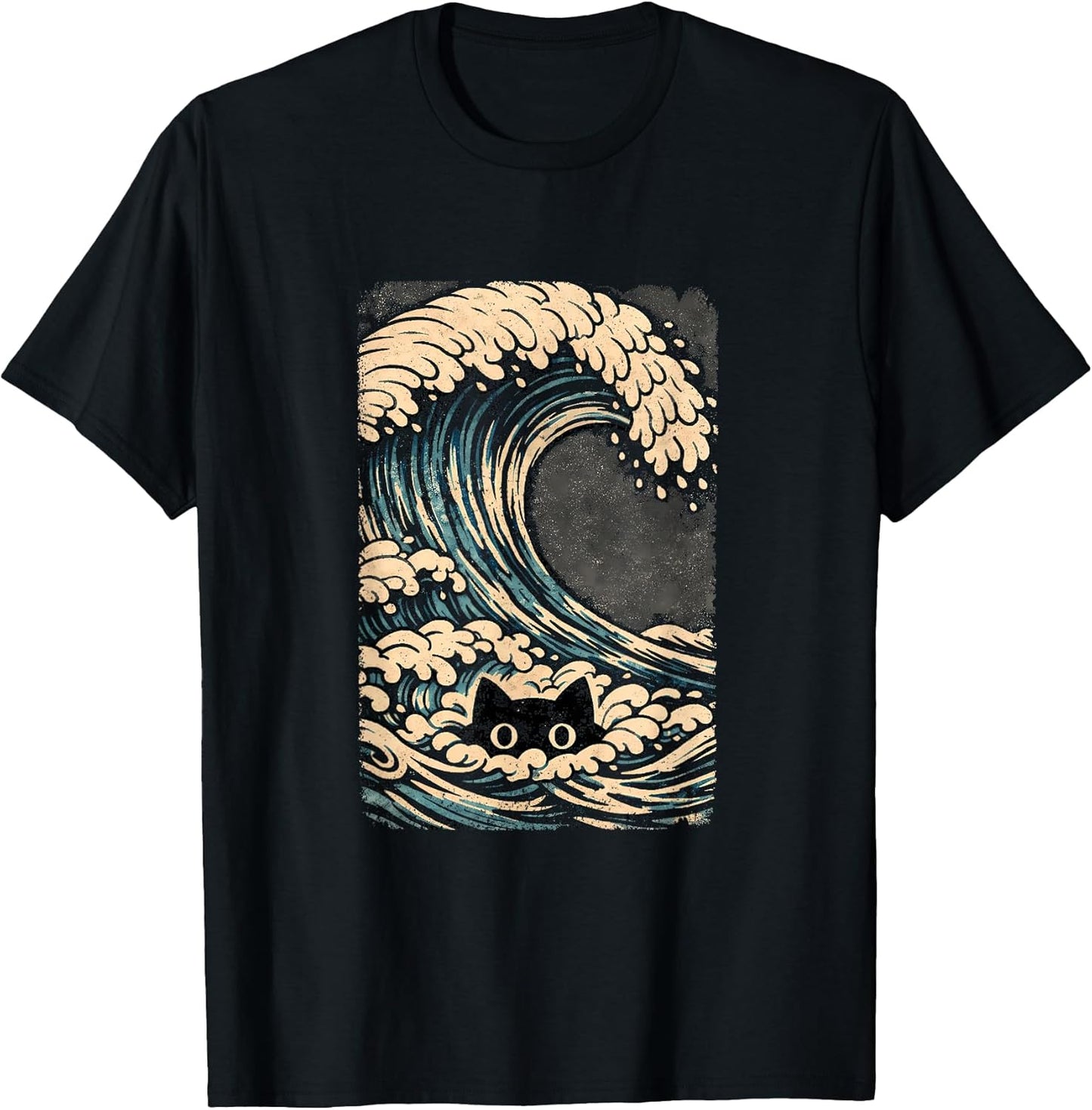 Funny Black Cat Japanese Wave Art Design