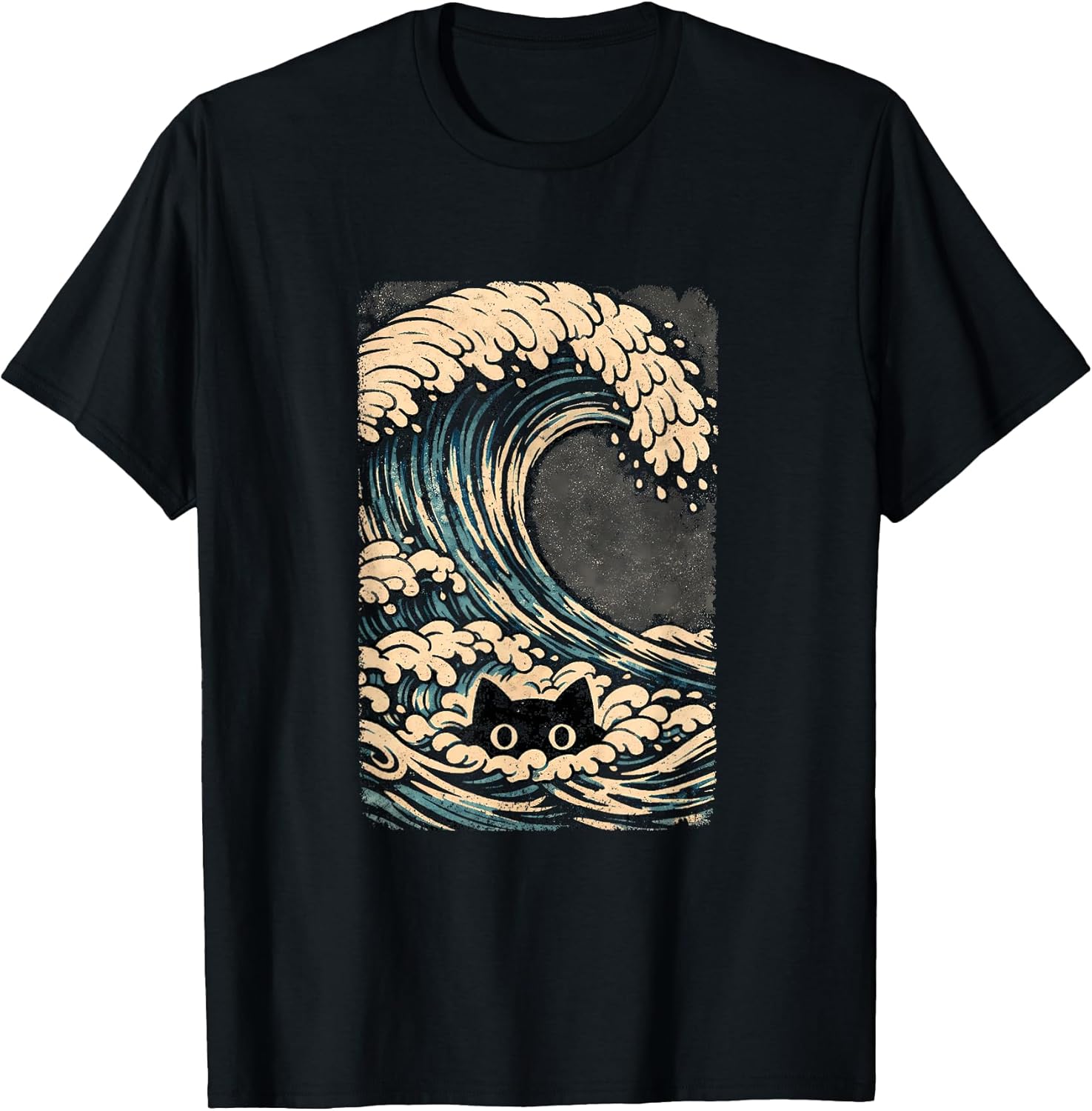 Funny Black Cat Japanese Wave Art Design
