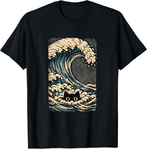 Funny Black Cat Japanese Wave Art Design