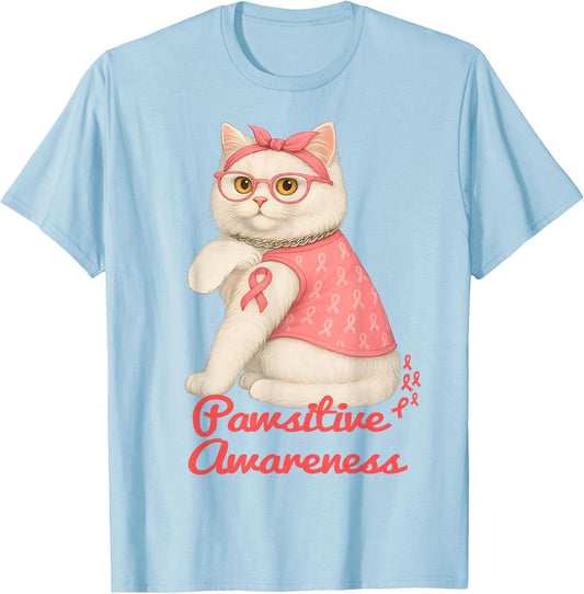 White British Shorthair Cat Breast Cancer Ribbon Kitty