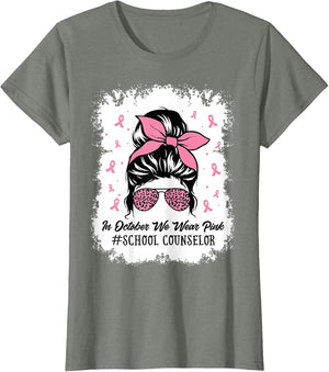 School Counselor Messy Bun Breast Cancer Awareness Women Mom