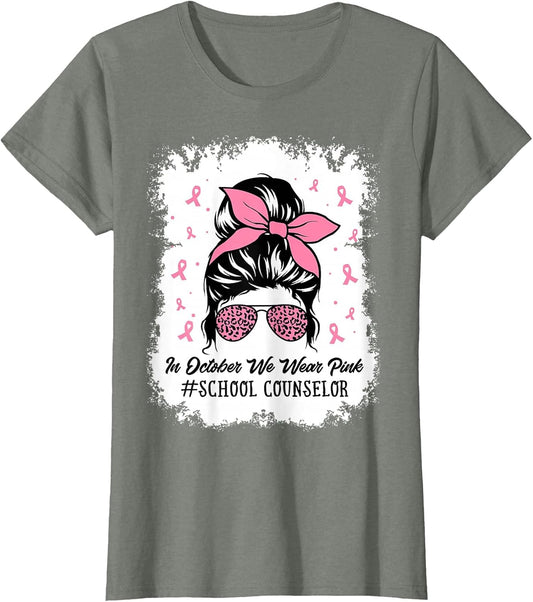 School Counselor Messy Bun Breast Cancer Awareness Women Mom