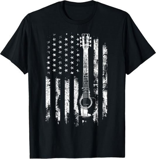 Retro US Flag Acoustic Guitar Distressed Patriotic Guitarist