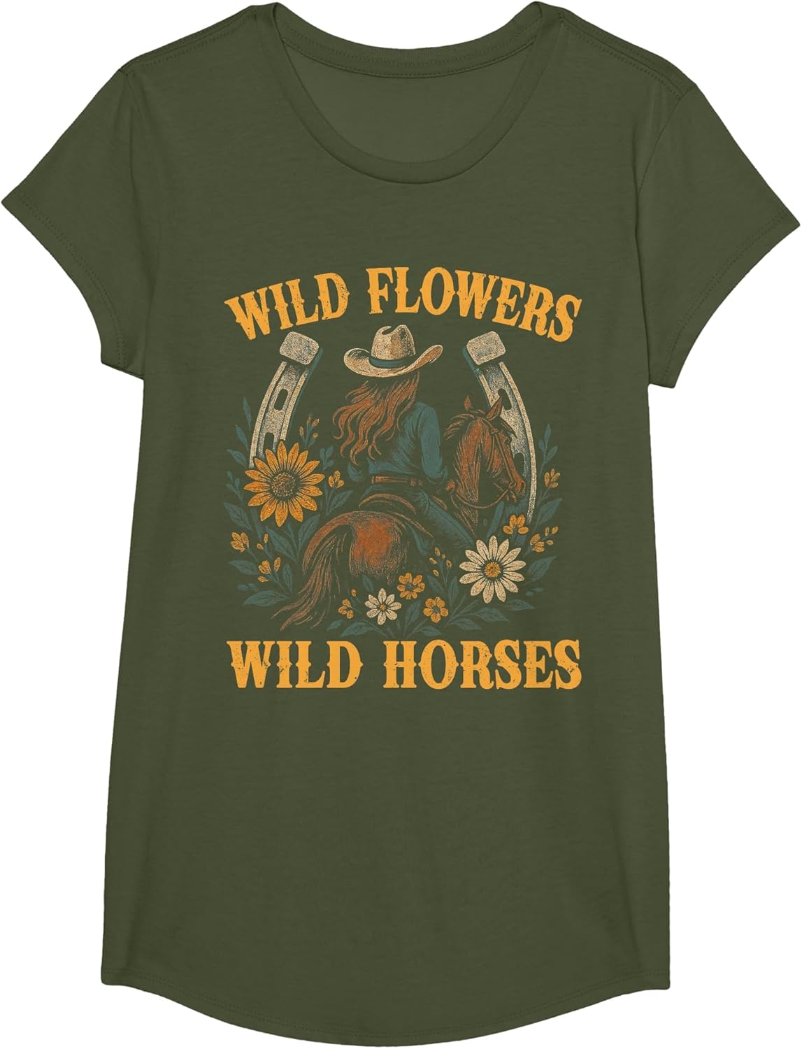 Retro Southern Sunset Wild Cowgirl Flowers - Wild Horses