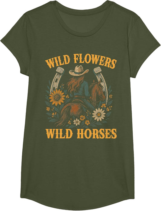 Retro Southern Sunset Wild Cowgirl Flowers - Wild Horses