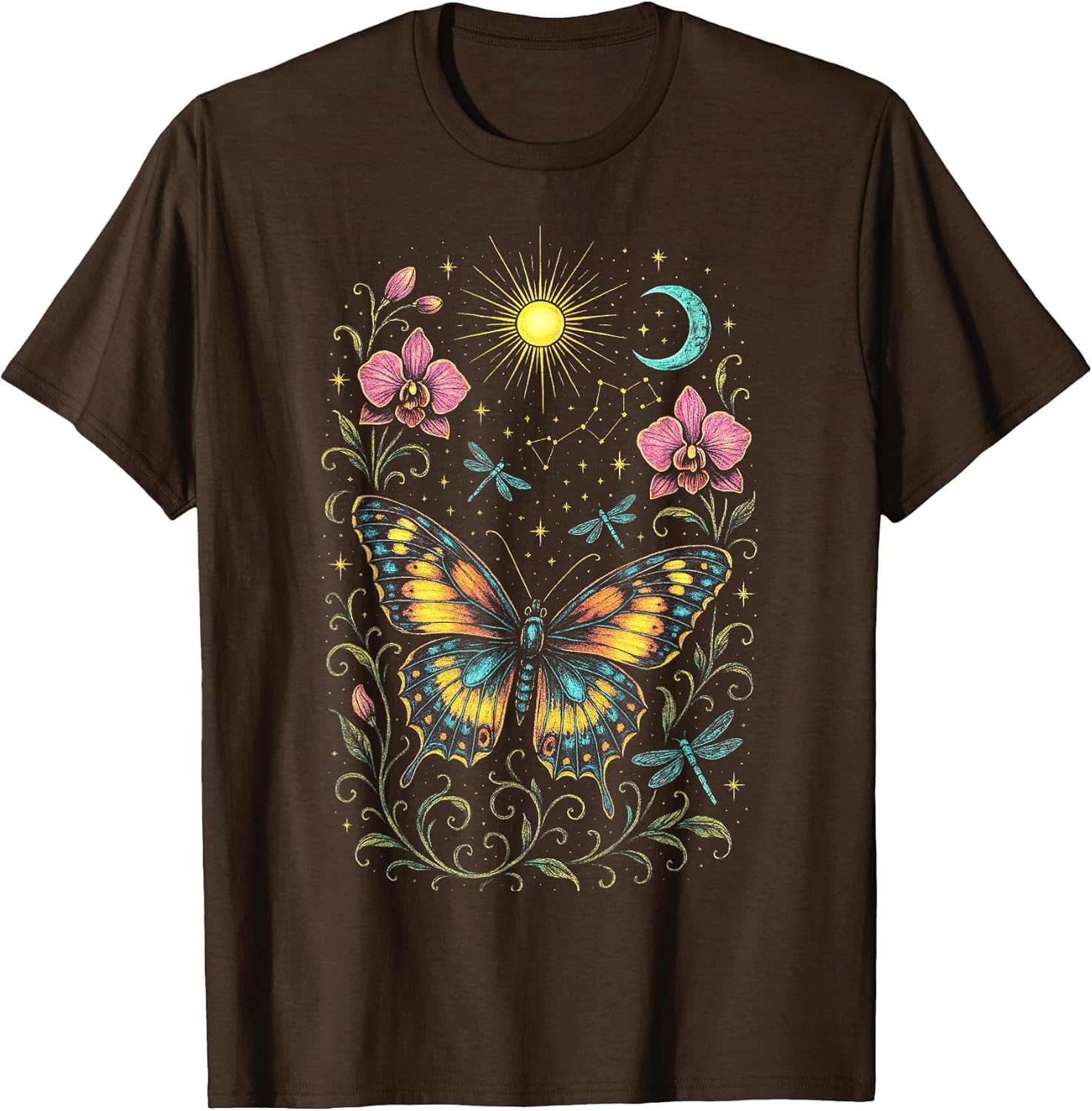 Butterfly Flowers Sun Moon Nature Colorful Art
