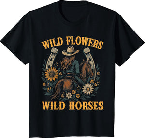 Retro Southern Sunset Wild Cowgirl Flowers - Wild Horses