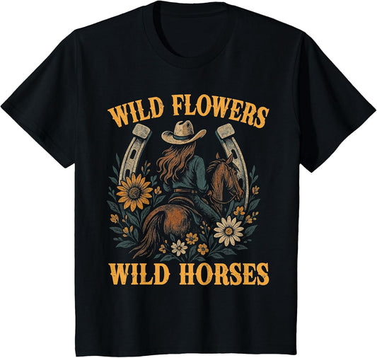 Retro Southern Sunset Wild Cowgirl Flowers - Wild Horses