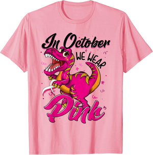 in October We Wear Pink Breast Cancer Trex Dino Kids Toddler