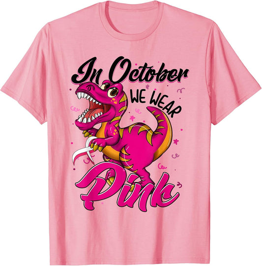 in October We Wear Pink Breast Cancer Trex Dino Kids Toddler