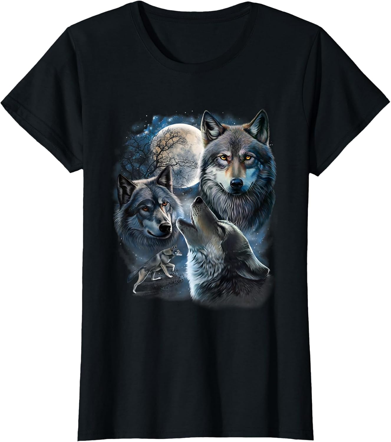 Grey Wolf Under Full Moon, Space, Galaxy, and Stars