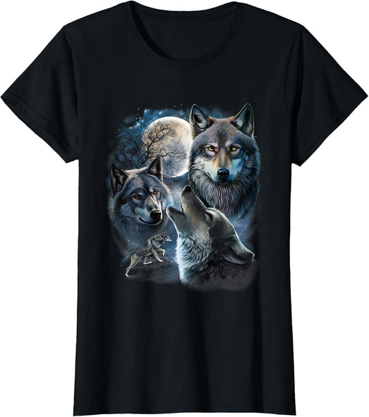 Grey Wolf Under Full Moon, Space, Galaxy, and Stars