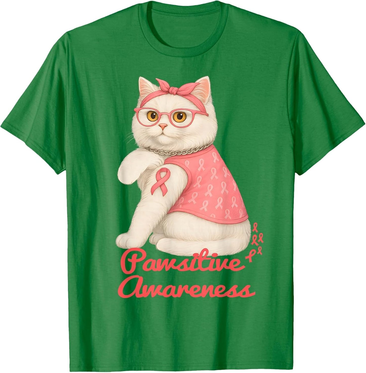 White British Shorthair Cat Breast Cancer Ribbon Kitty