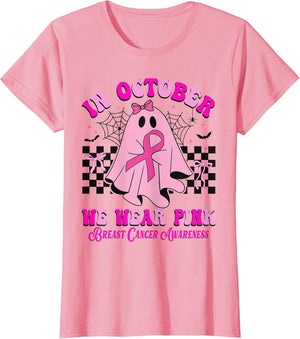 in October We Wear Pink Ghost Halloween Breast Cancer Ribbon