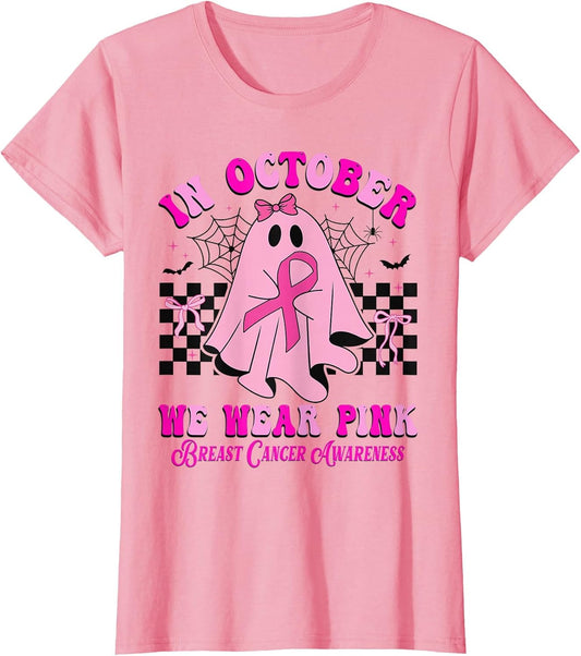 in October We Wear Pink Ghost Halloween Breast Cancer Ribbon