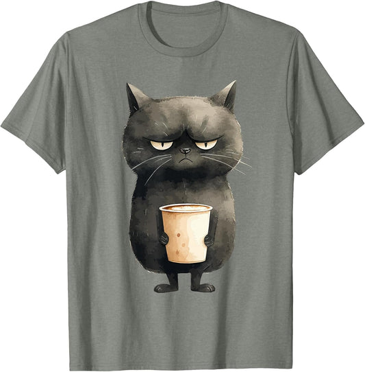 Grumpy Black Cat with Latte Coffee
