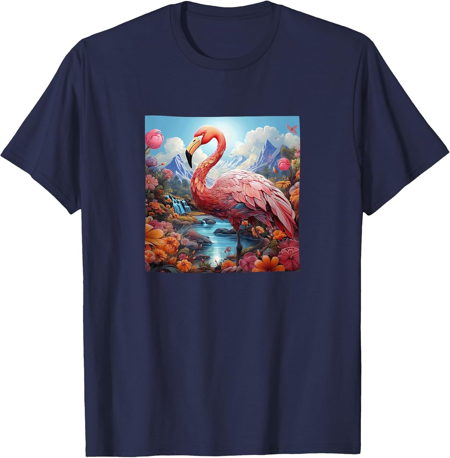 Flamingo Colorful River Mountains Flowers Graphic