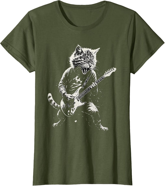 Cat Playing Guitar Rock Music Band Cool Graphic Vintage