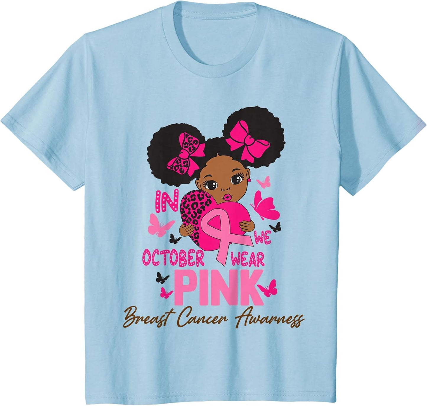 in October We Wear Pink Ribbon Black Girl Kids Breast Cancer